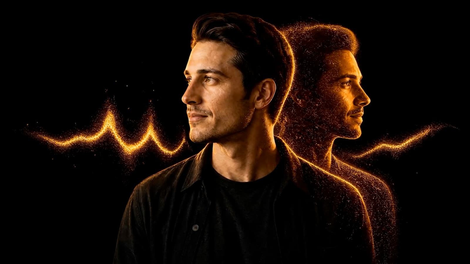 A man looking ahead beside his twin formed of golden particles, a gold soundwave behind them