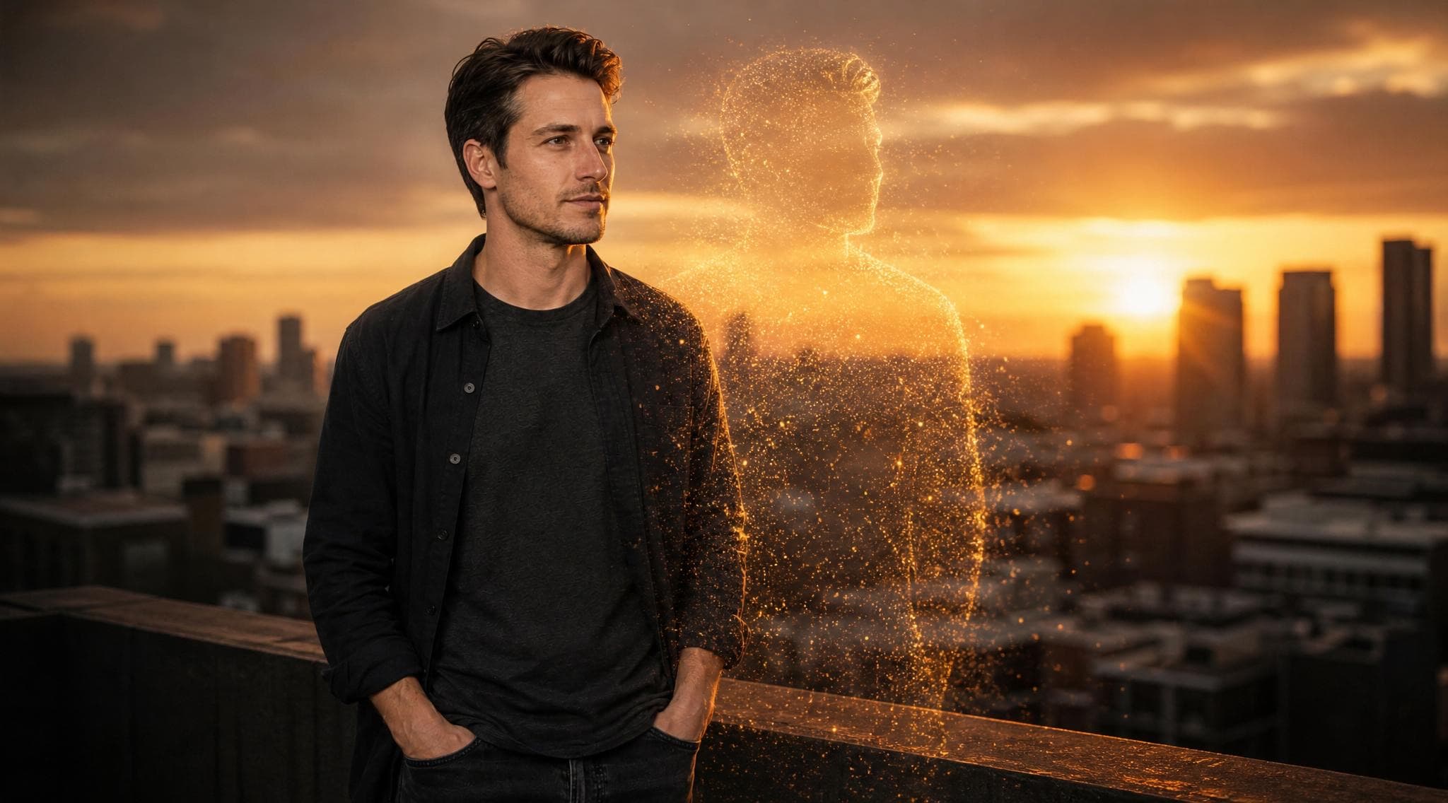 A person in golden sunset light, lost in thought