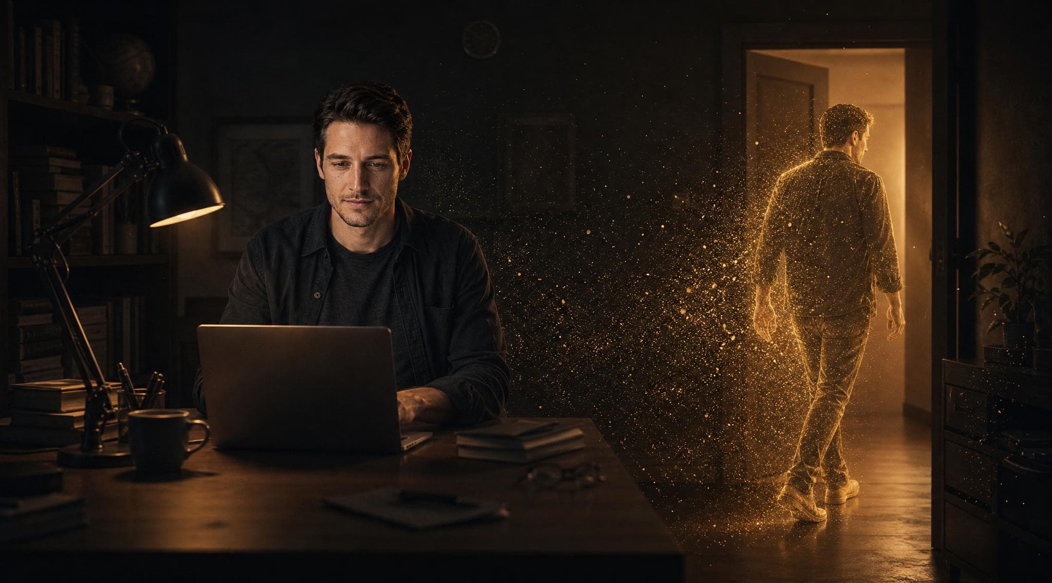 A man at his desk while a second self of golden particles walks away to another task