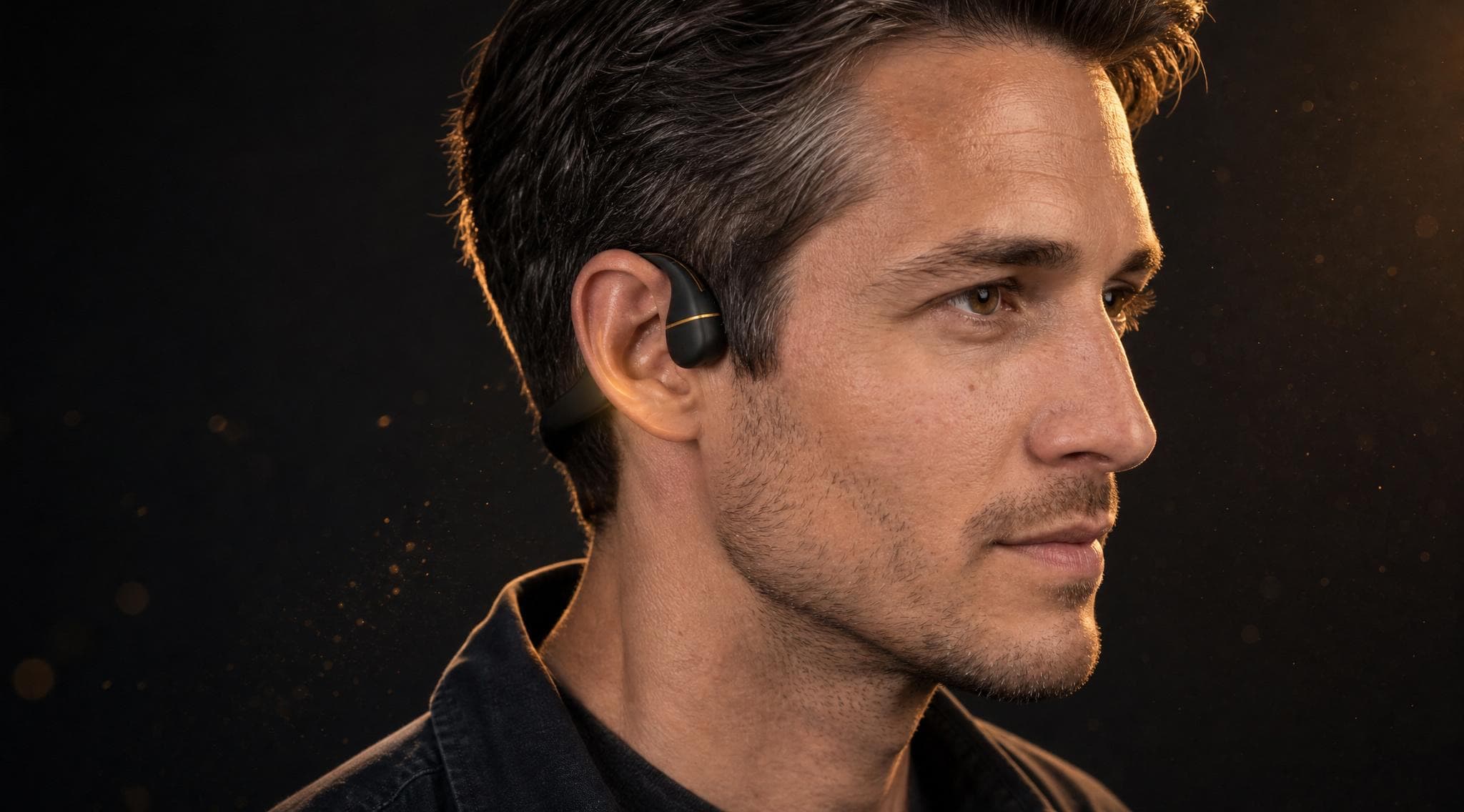 Concept render of the Sona Link bone-conduction earpiece behind an ear, warm golden light