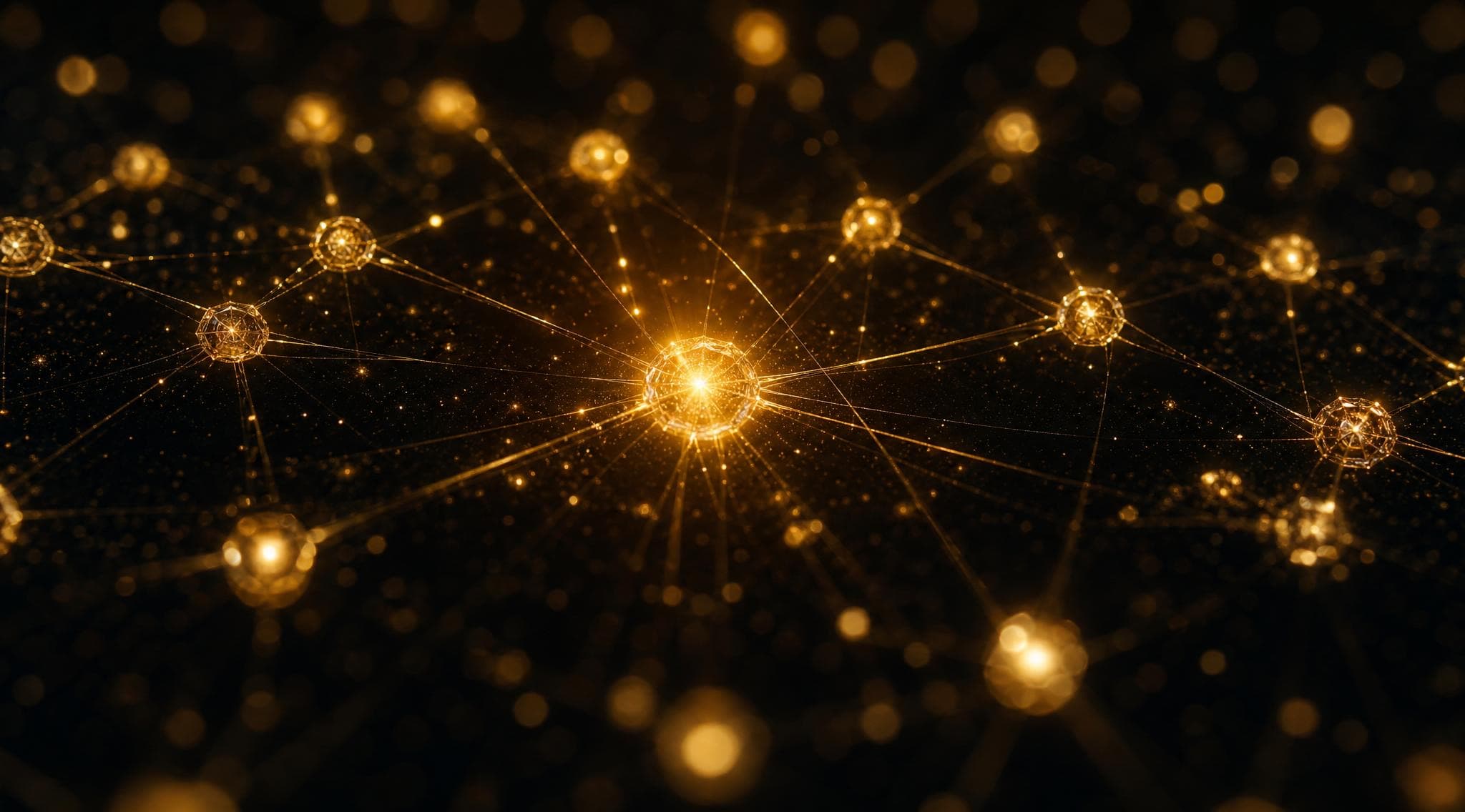 Abstract golden constellation of connected nodes on a dark background