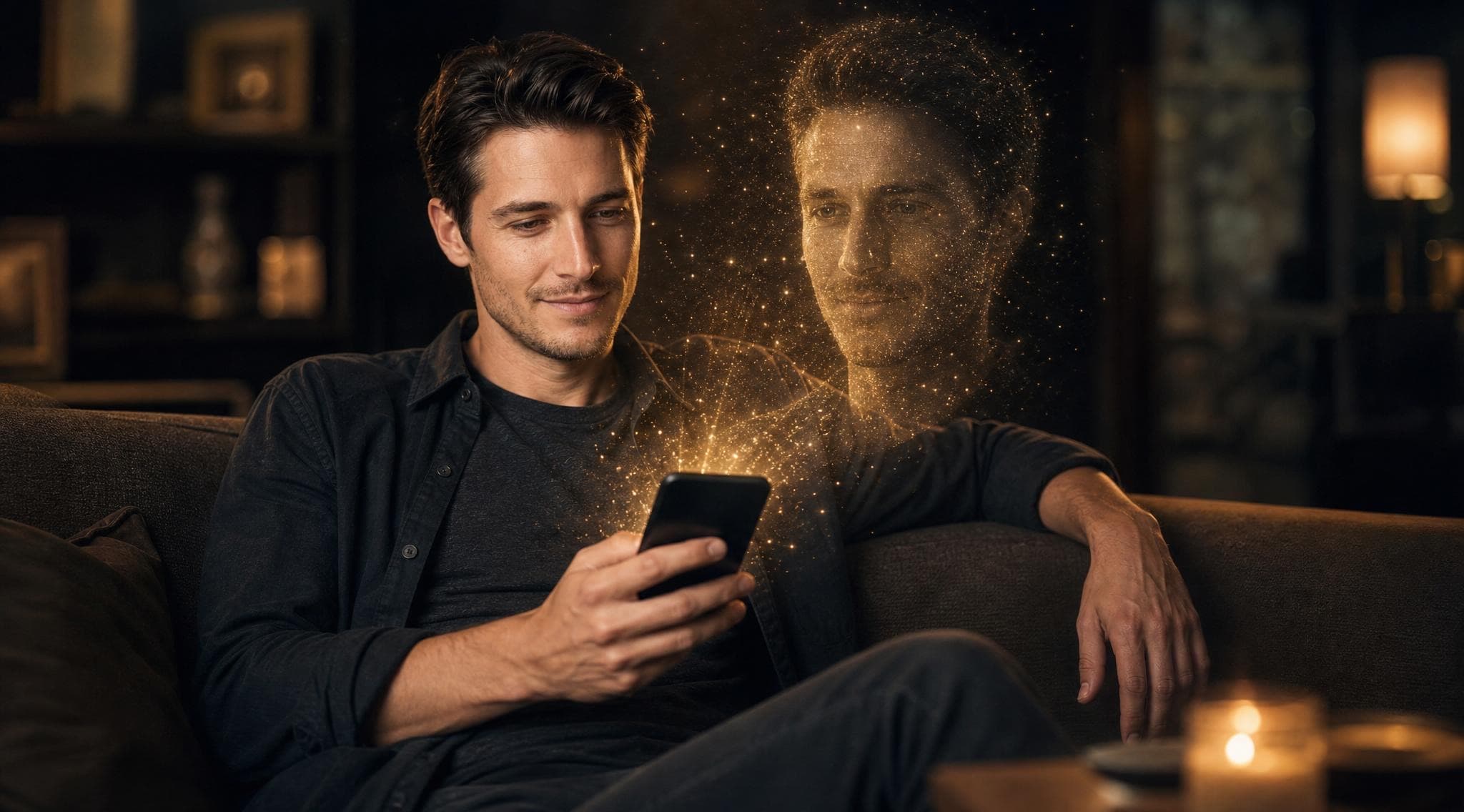 A person chatting with their digital twin, golden particles rising from the phone screen