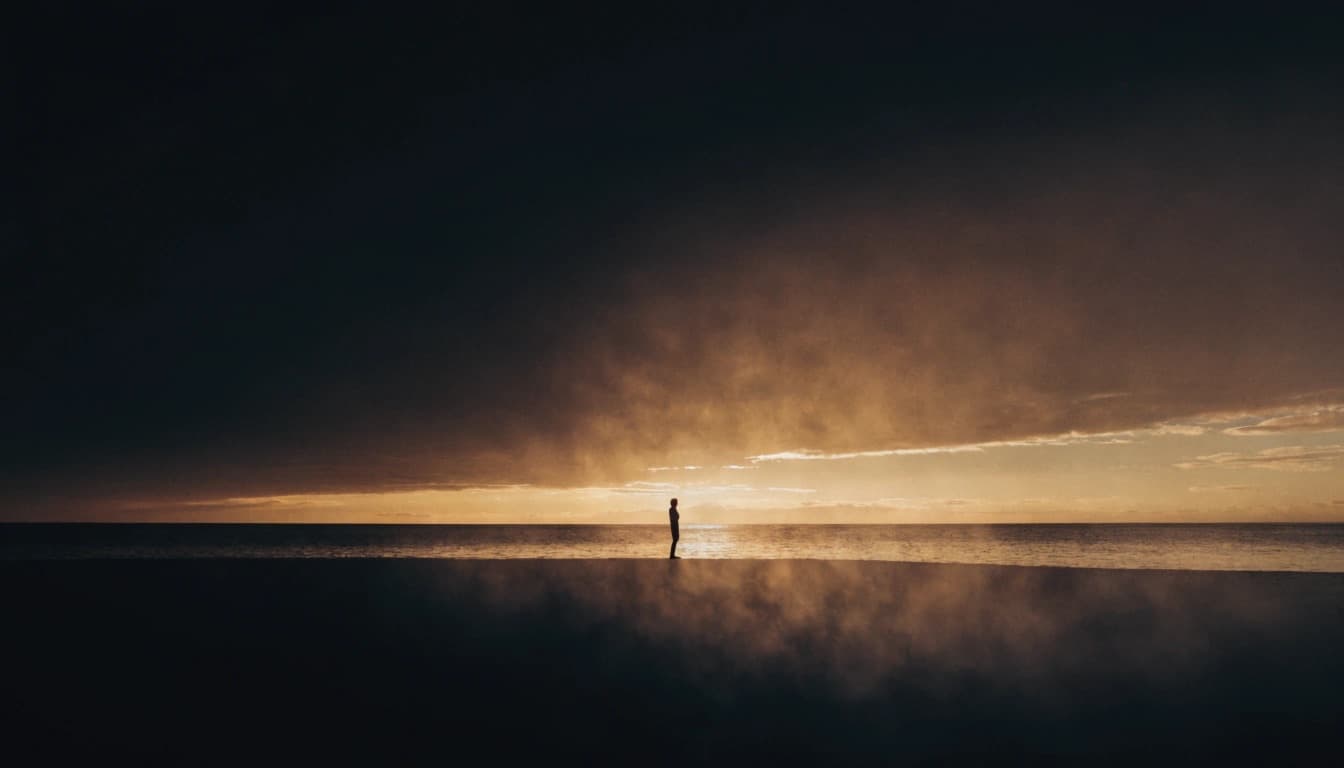 A lone silhouette facing a burning dusk over the sea